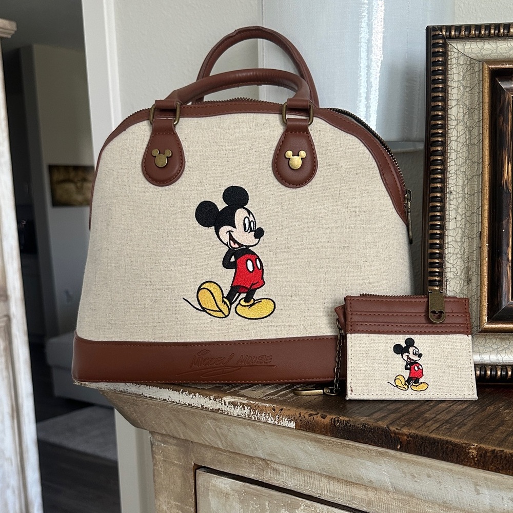 Disney Beige Canvas & Brown Leather Mickey Mouse Satchel with Card Holder
